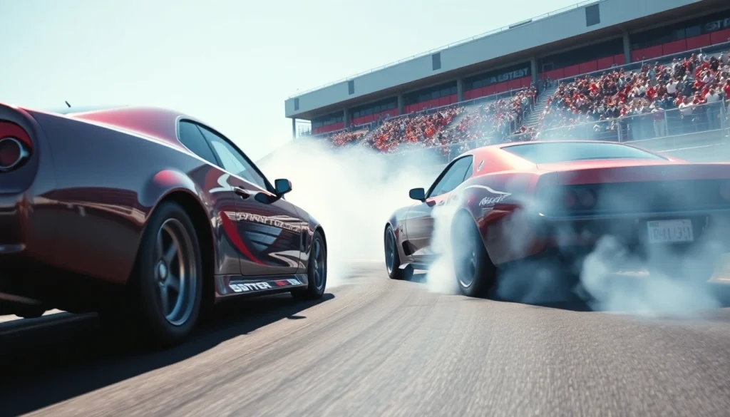 Drag Racing cars competing fiercely on a track with smoke and a cheering crowd.
