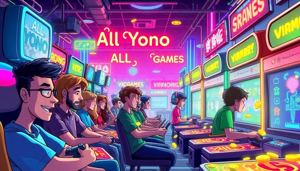 Engaging players in vibrant All Yono Games arcade with illuminated machines and energetic atmosphere.