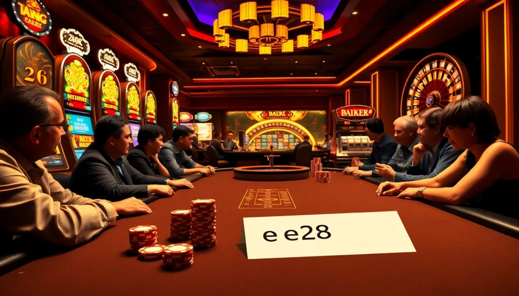Experience the excitement of e28 betting at a high-stakes poker table with vibrant casino activity.