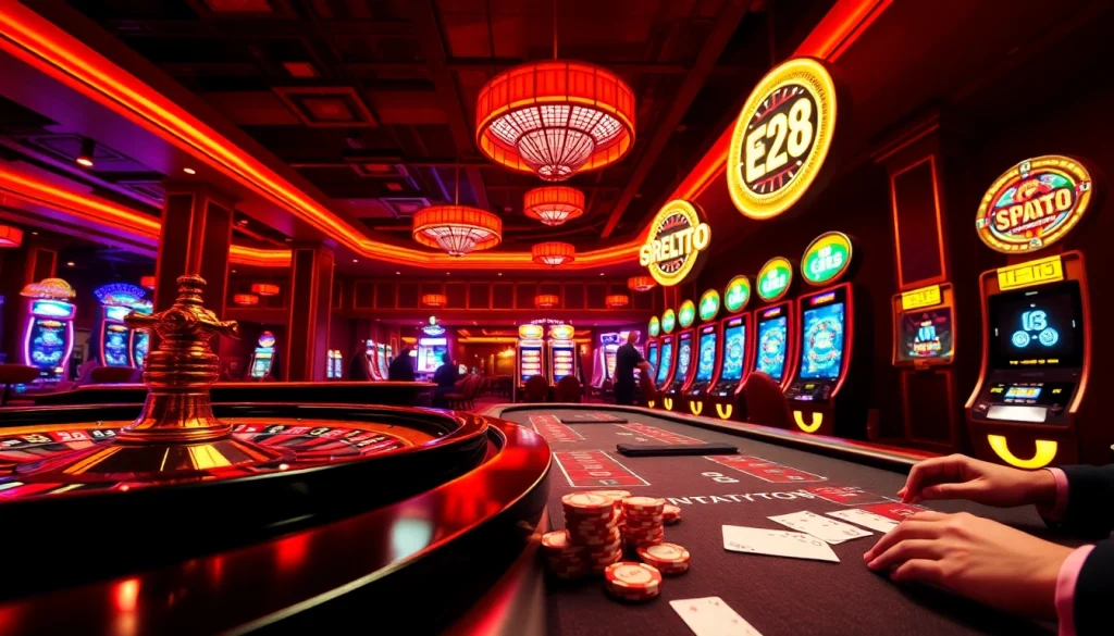 In a bustling casino, players engage at the poker table, with the e28 logo illuminated in vibrant neon above, showcasing a thrilling gambling atmosphere.