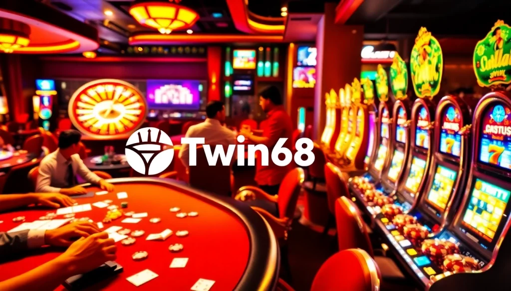 Twin68 casino scene with poker players, roulette wheel, and bright slot machines, capturing the excitement of gambling.