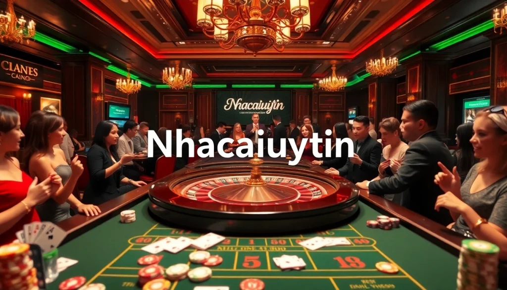Players strategizing at a roulette table in a luxurious casino featuring "Nhacaiuytin" promotions.