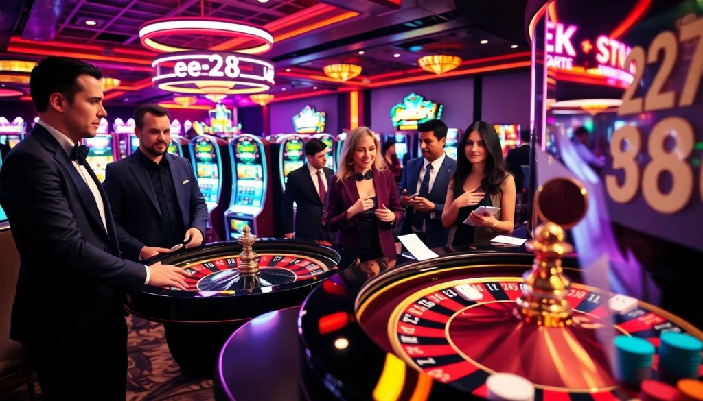 Experience the exhilaration of e28 Jackpot at the bustling casino with roulette, poker chips, and slot machines.