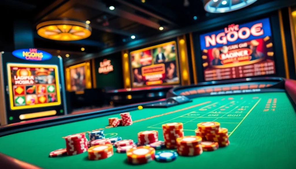 Experience the thrill of NgonClub with vibrant slot machines and poker chips in a bustling casino environment.