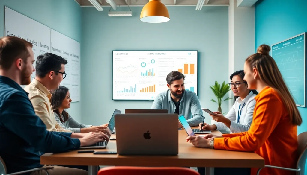 Awin66 marketing team discussing strategies and data in a vibrant workspace.