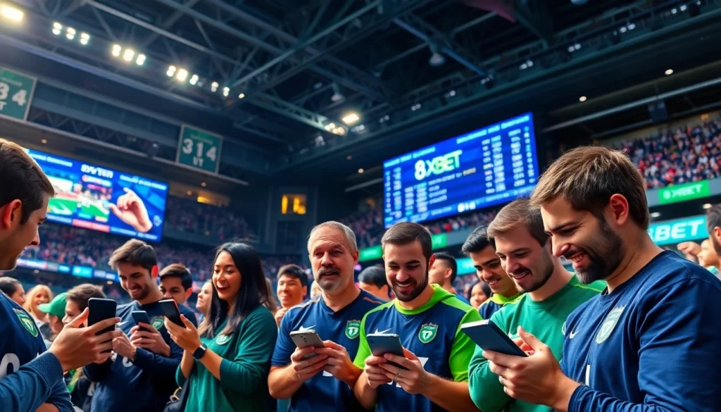 8XBET brand showcased in a vibrant sports betting scene with enthusiastic fans and live odds displays.