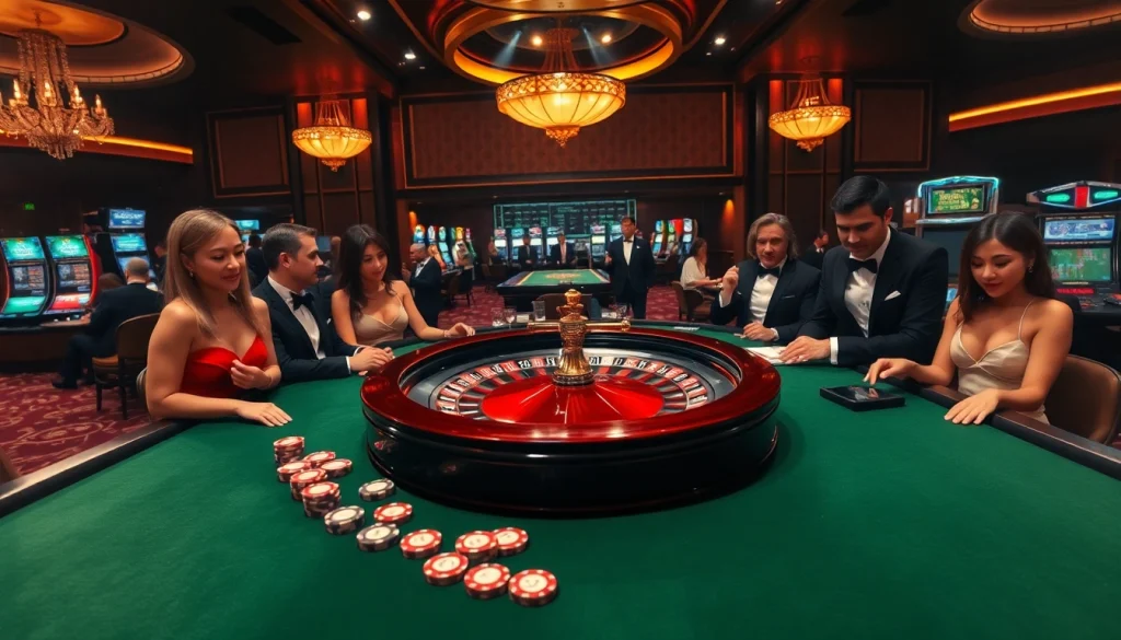A vibrant casino scene featuring players at roulette tables and slot machines, showcasing an engaging gambling atmosphere reminiscent of 999bet com's exciting offerings.