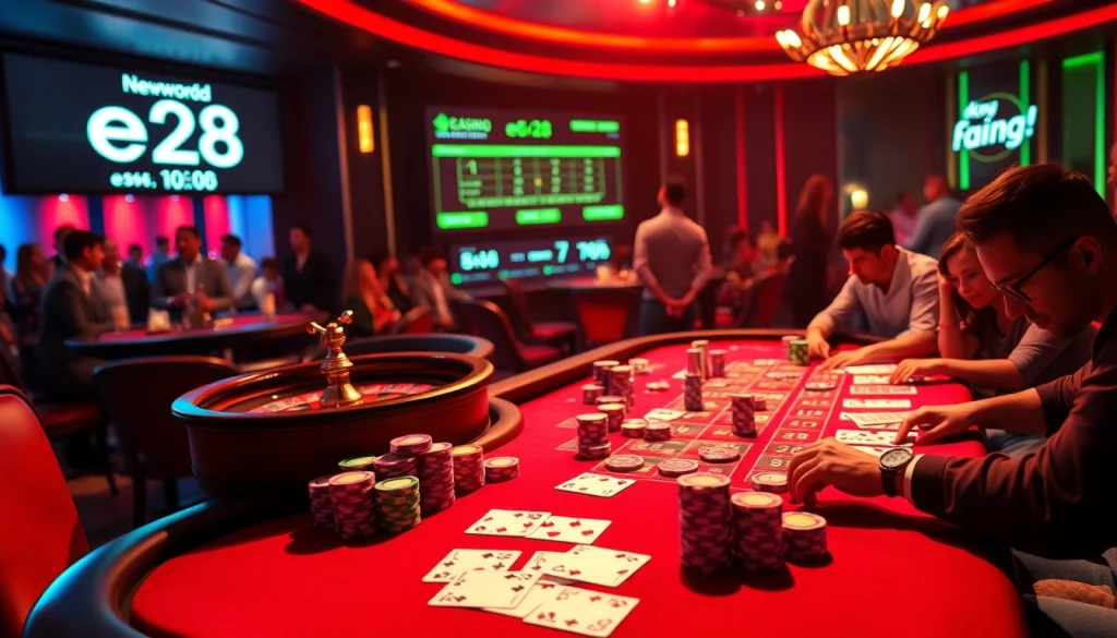e28 poker table with vibrant chips and excited players in a luxurious casino setting.