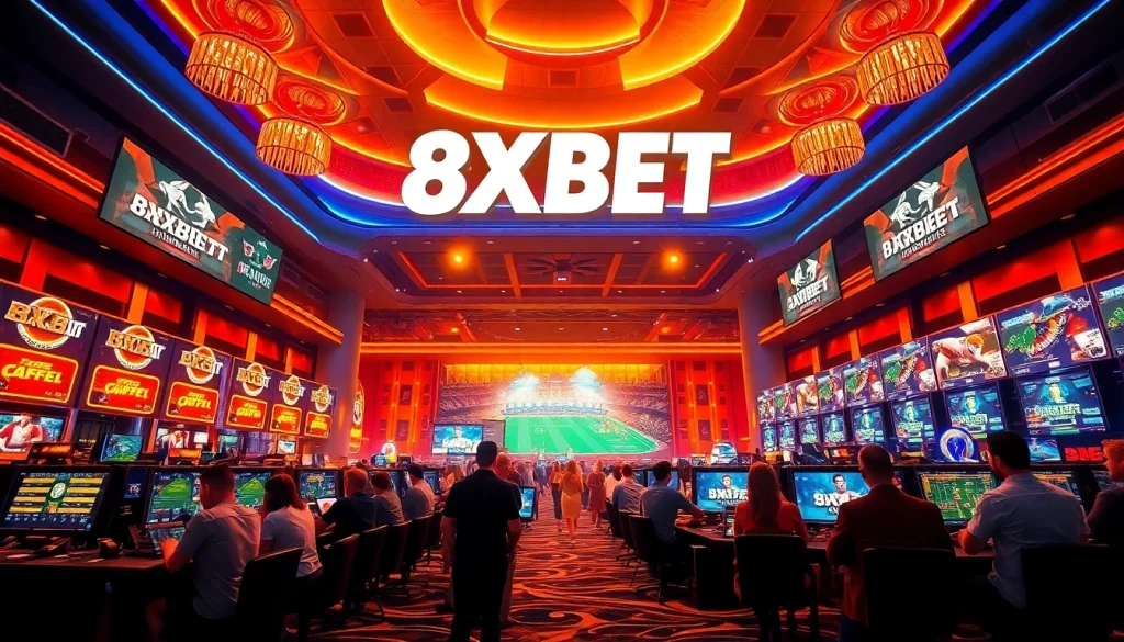 Engaged bettors experiencing the excitement of 8XBET against a vibrant casino backdrop.