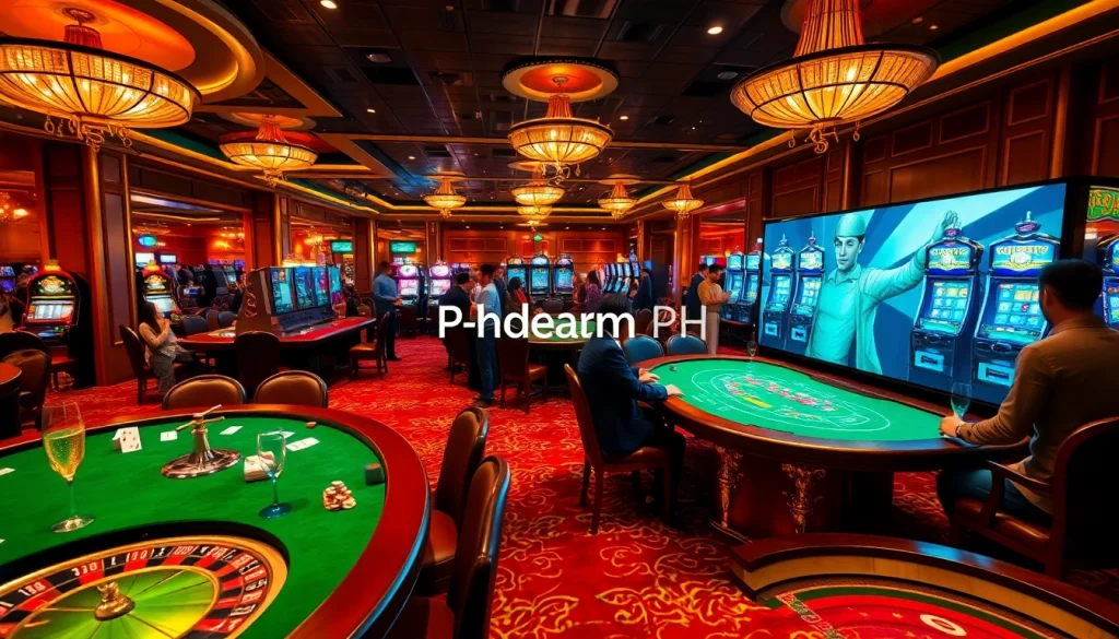 Experience the excitement of Phdream PH, showcasing players at a thrilling casino, engaged in poker and slots.