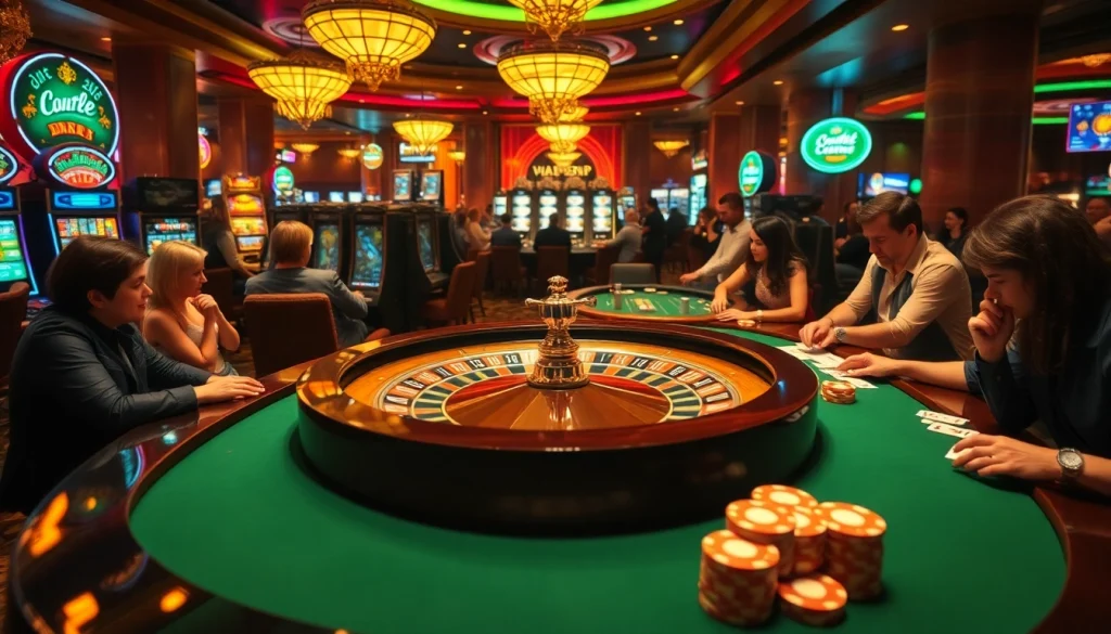 Players revel in a thrilling casino scene at https://8us.skin/, surrounded by spinning roulette and colorful slot machines.