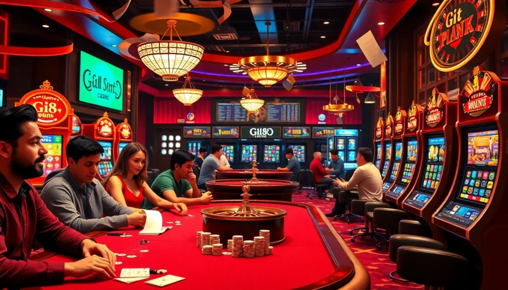 Experience a thrilling gambling scene with Gi8 poker tables and animated slot machines depicting a vibrant casino atmosphere.