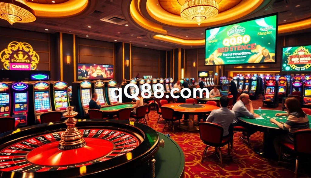 Experience thrilling gameplay at qq88 com with vibrant casino tables, poker chips, and slot machines.