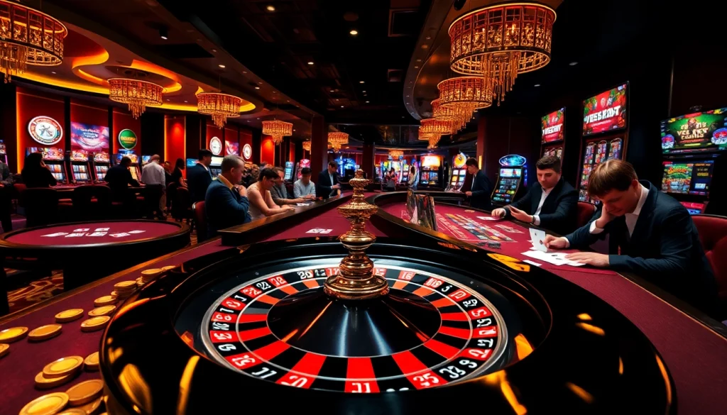 Exciting casino scene at https://vsbet.archi/ with roulette wheel, players, and flashing slot machines.