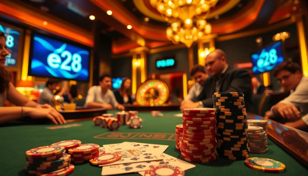 The e28-themed poker game showcases players engrossed in high-stakes action with vibrant chips and cards.