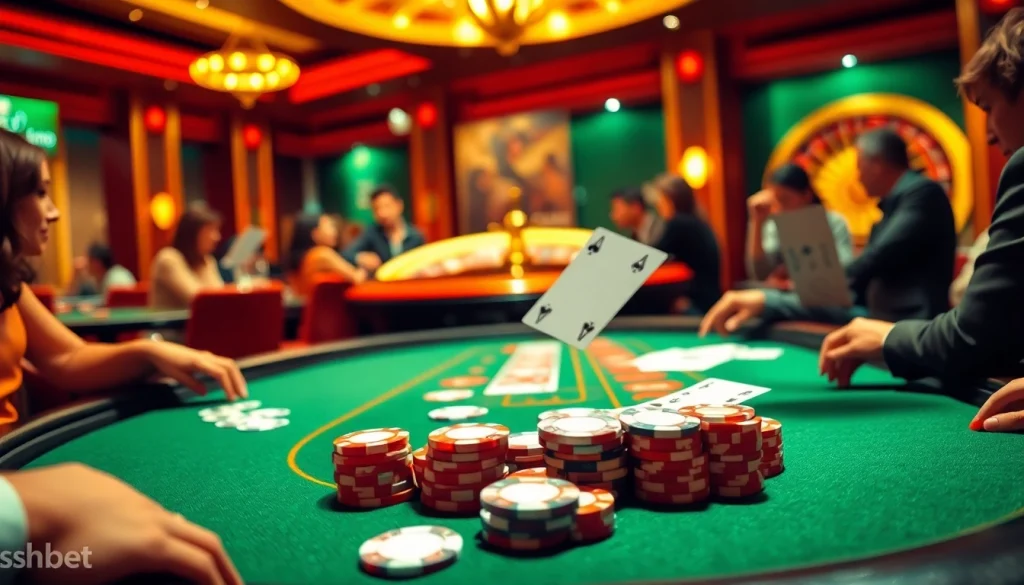 Exciting scene of players engaging in sh bet at a lively casino poker table with vibrant colors and captivating atmosphere.