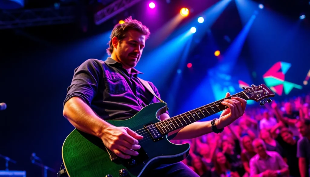 Play VG99 guitar model on stage during a vibrant concert performance.