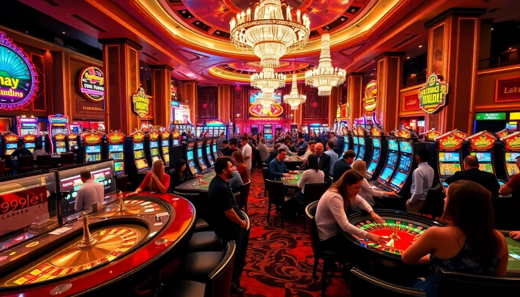 A vibrant casino scene showcasing players at blackjack and roulette tables, representing the excitement of https://999bet.ws/ with colorful slot machines and chips.