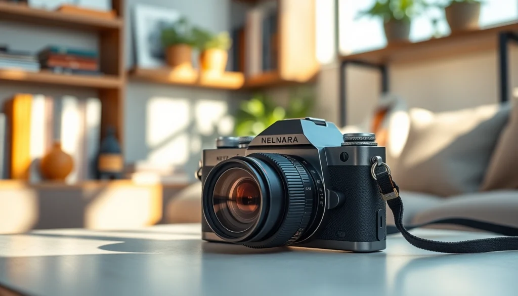 Discover a stylish miniature camera in a cozy home setting, showcasing its features and design.