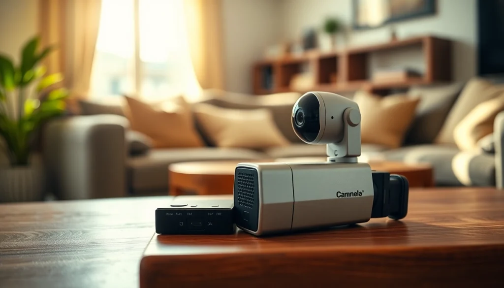 Showcase a mini caméra designed for home use, highlighting its intricate features in a cozy setup.