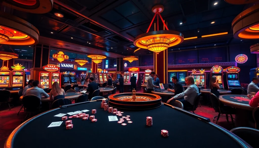 Exciting scene of a casino floor at nhà cái Vsbet, showcasing lively gaming tables and vibrant slot machines.