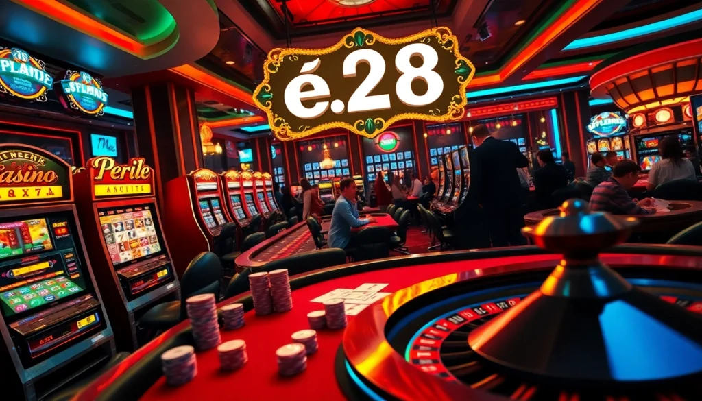 Enthusiastic players engaged at poker and roulette tables in a lively casino environment, featuring the term e28 as a symbol of excitement and opportunity.