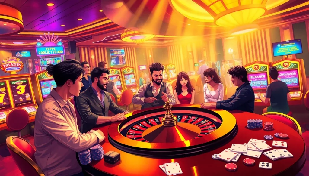 Exciting scene at nhà cái Typhu88 casino highlighting players at a roulette table with vibrant slot machines.