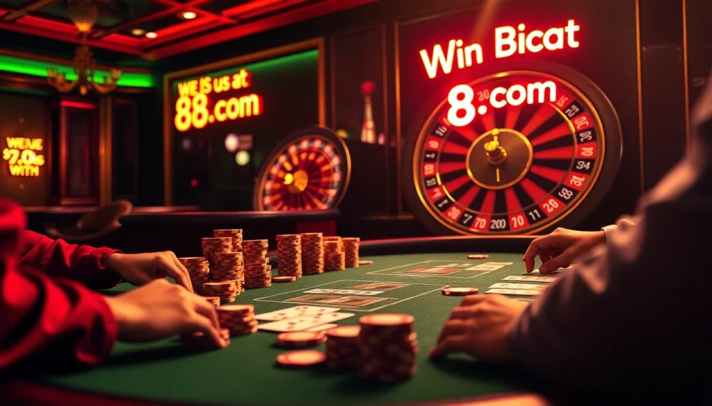 Players strategize at a poker table in a luxurious setting showcasing 8us com casino's high stakes.