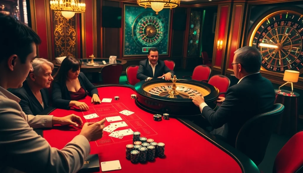 Experience the intensity of high-stakes poker at an e28 casino table with engaged players and vibrant chips.