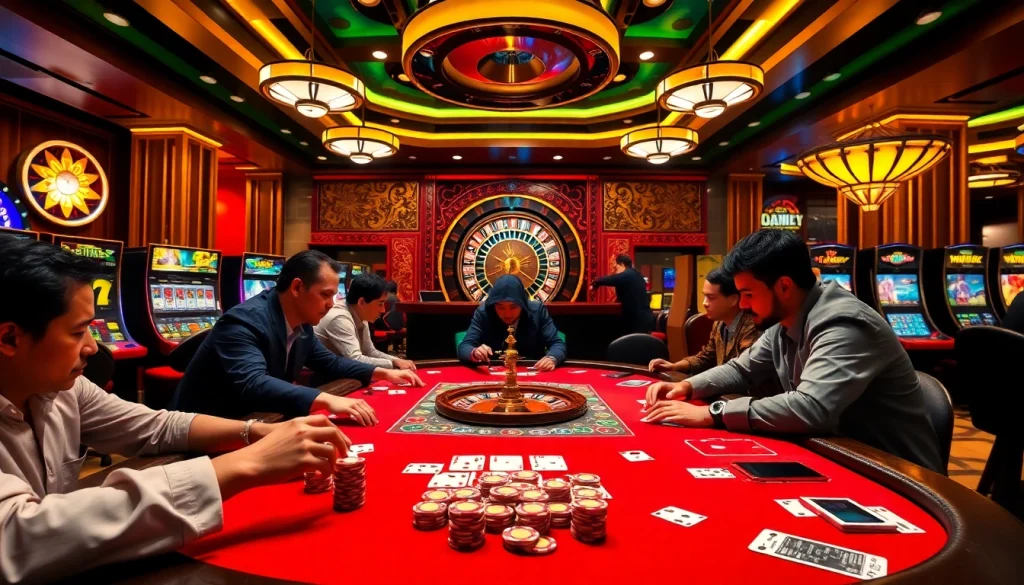 Vibrant casino scene with players at a poker table, celebrating xxx88 excitement.