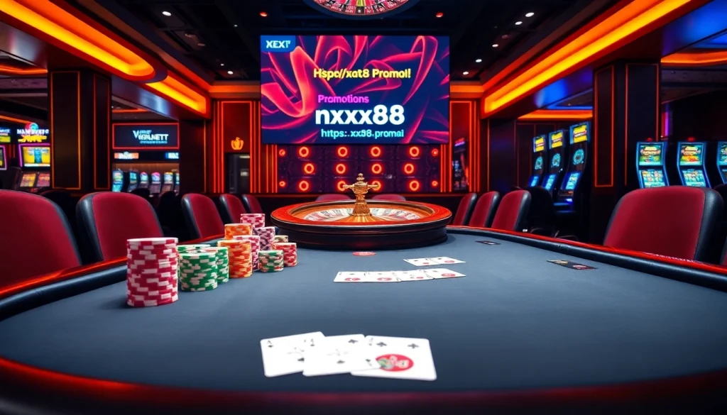 Engage with the vibrant atmosphere of gambling at https://xx88.promo/, featuring poker chips and a spinning roulette wheel.
