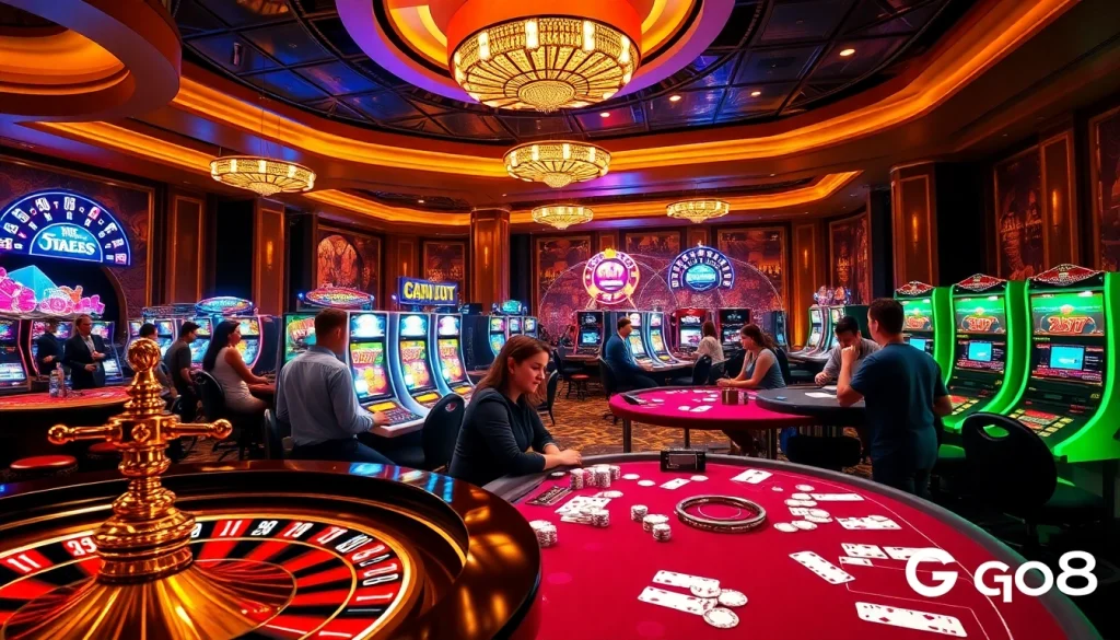 Go8 casino players enjoying various games in a luxurious setting.
