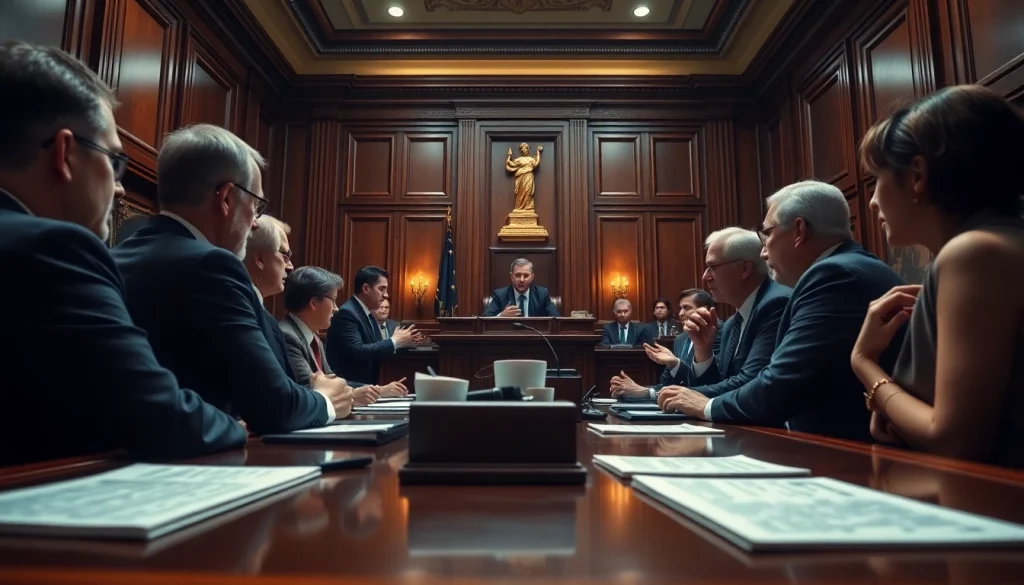 A courtroom filled with judges and lawyers discussing a legal case related to 798 f, emphasizing professionalism and authority.
