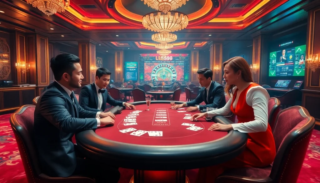 A dynamic scene showcasing nhà cái lc88's luxurious online casino atmosphere with players enjoying poker and roulette.