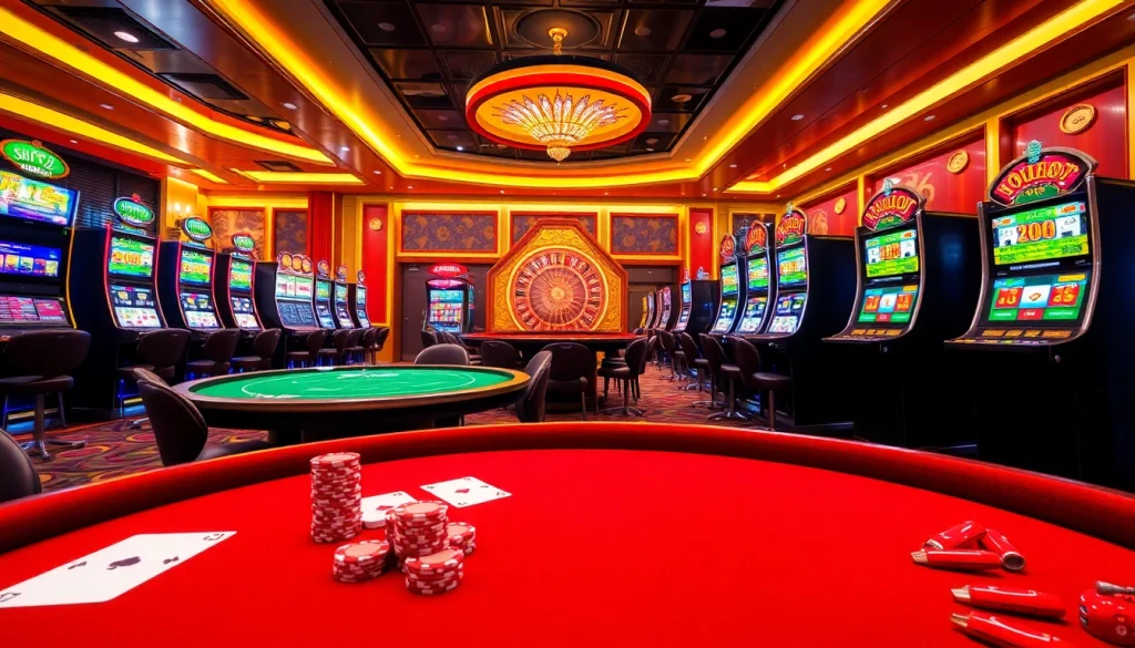 Engage in the thrilling atmosphere of sky88 club with vibrant tables, poker chips, and exciting slot machines.