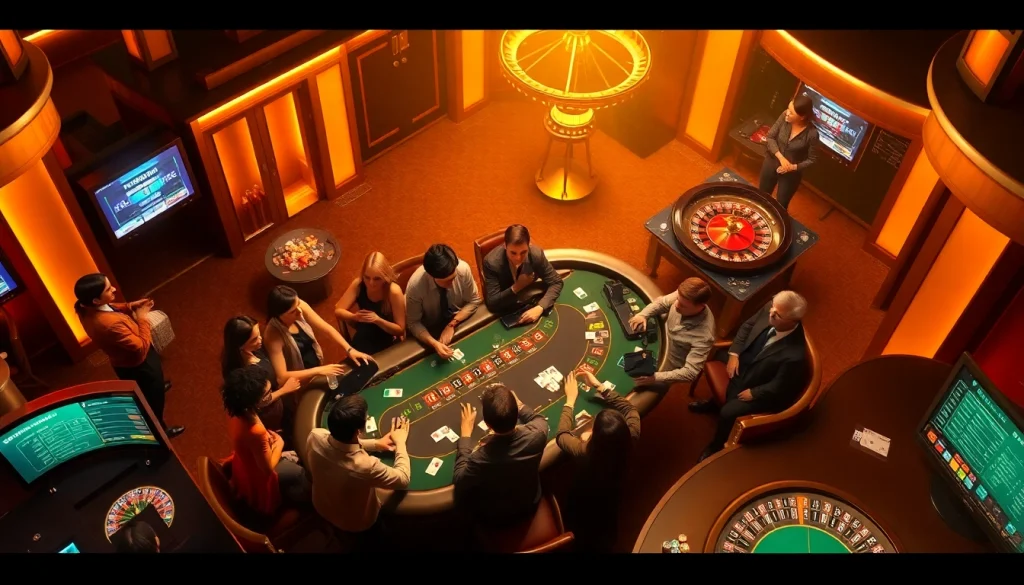 Experience live action at https://hz88.my/ with players at a poker table surrounded by excitement and chips.