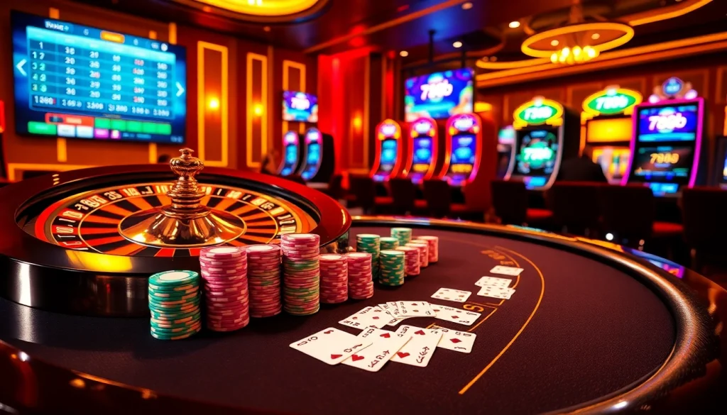 A glamorous image showcasing 789b gaming experience with a vibrant roulette table, poker chips, and high-end slot machines.