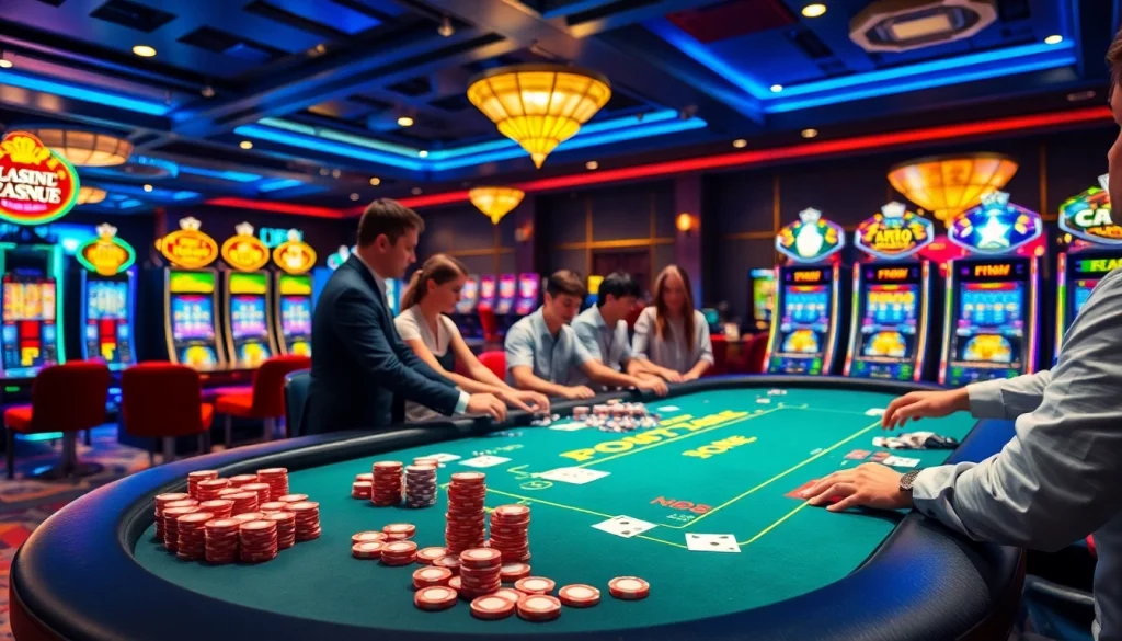 Players engaging in thrilling F168 casino games at a vibrant gaming table filled with colorful chips.