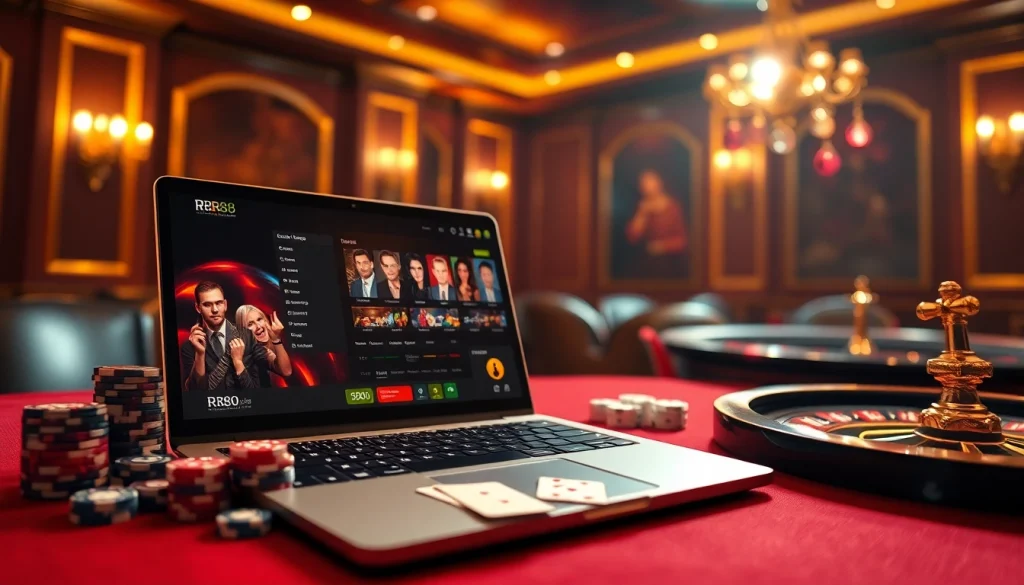 Experience the excitement of Trang chủ RR88 with casino games, poker chips, and a roulette wheel.