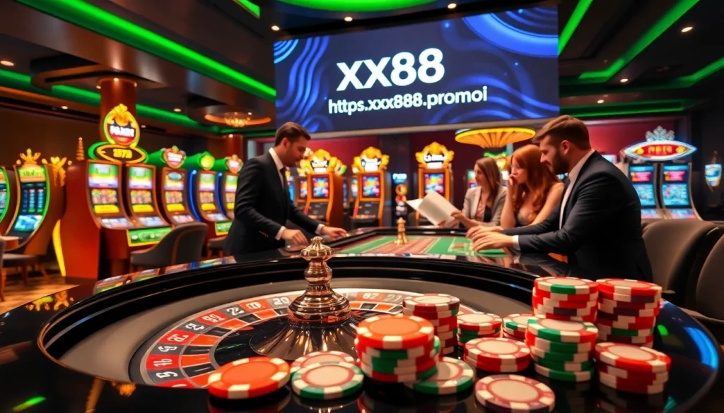 Players enjoying the excitement of gambling at https://xx88.promo/ with vibrant casino elements.