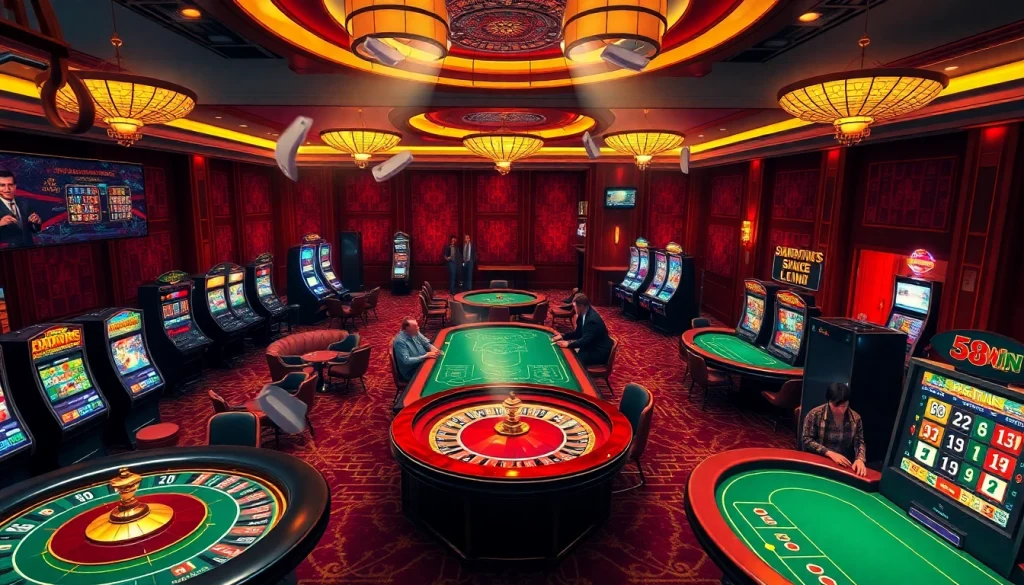 Experience the thrilling atmosphere of online gaming with https://58win.media/, showcasing poker tables and vibrant slot machines.