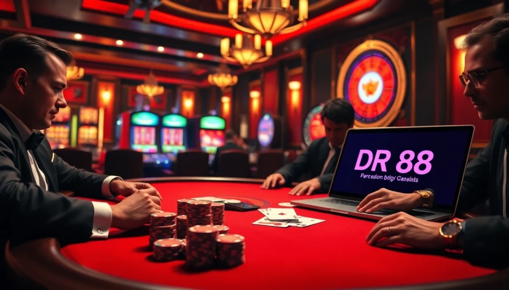 Engage in high-stakes poker at DR88's luxurious casino with intense players and vibrant details.