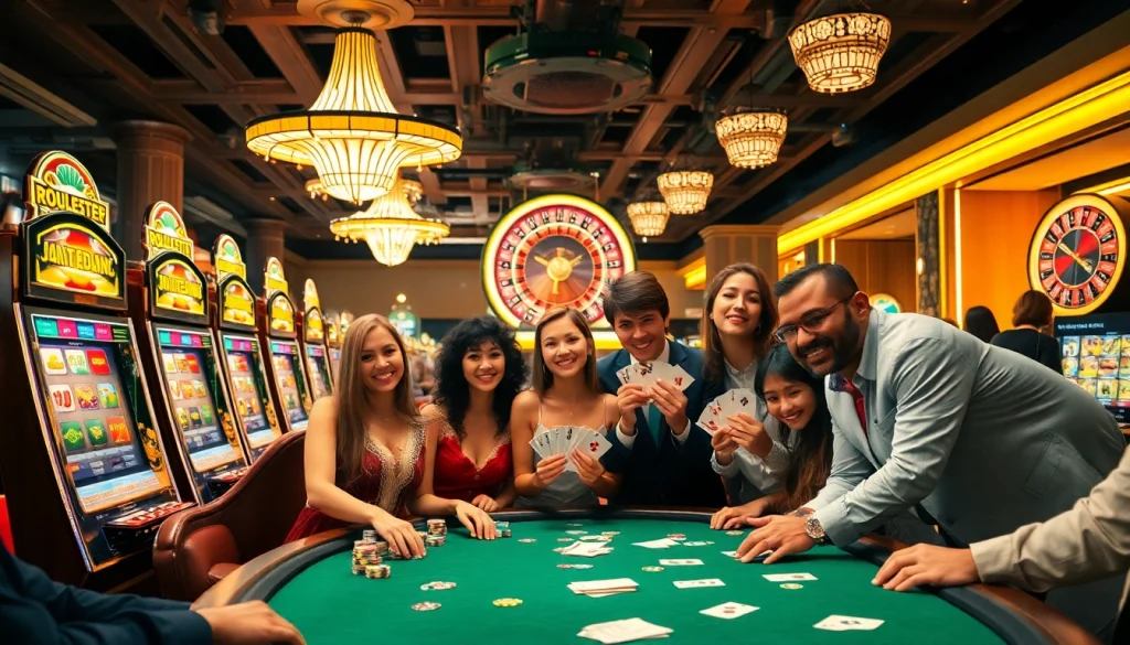 Engaging casino scene at https://af88.mba/ with players enjoying poker, roulette, and vibrant slot machines.