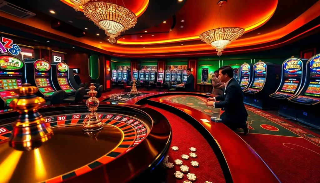 Players enjoy exciting games at HZ 88 casino with slot machines and roulette wheels.