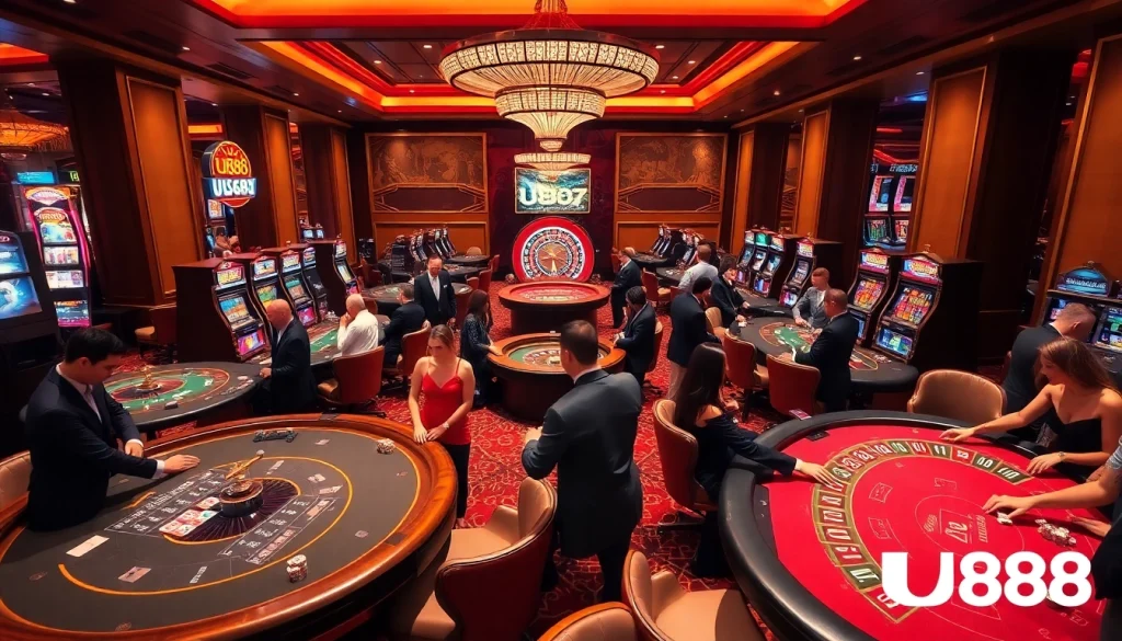 Excited players enjoying games at U888 casino tables with vibrant atmosphere and luxurious decor.