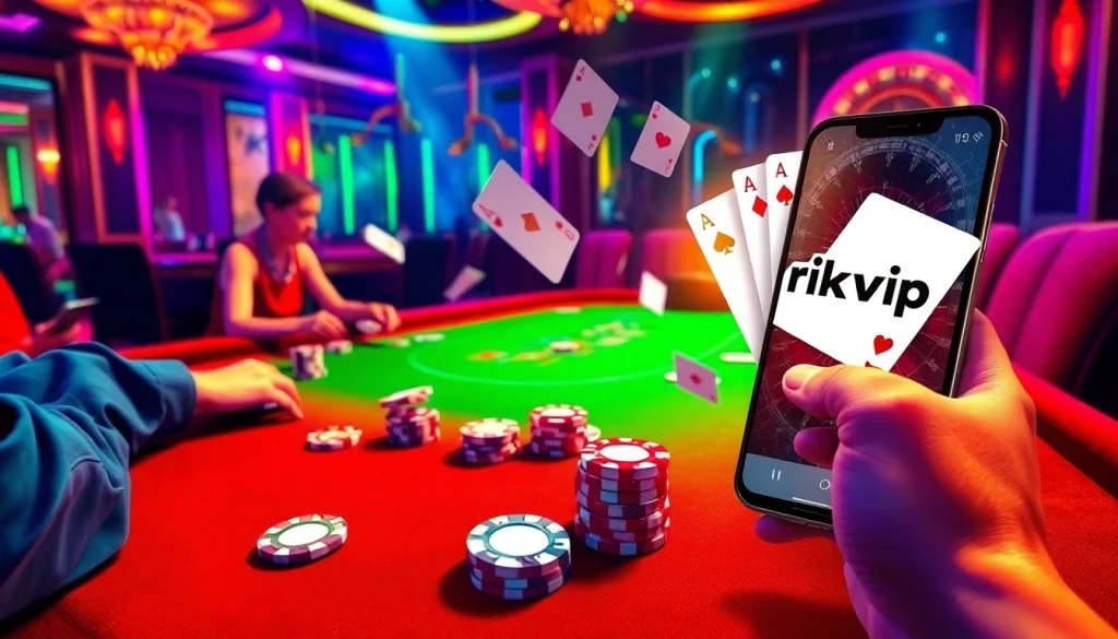 Players enjoy an exhilarating poker game at a luxurious casino table while engaging with the innovative rikvip online gaming platform.