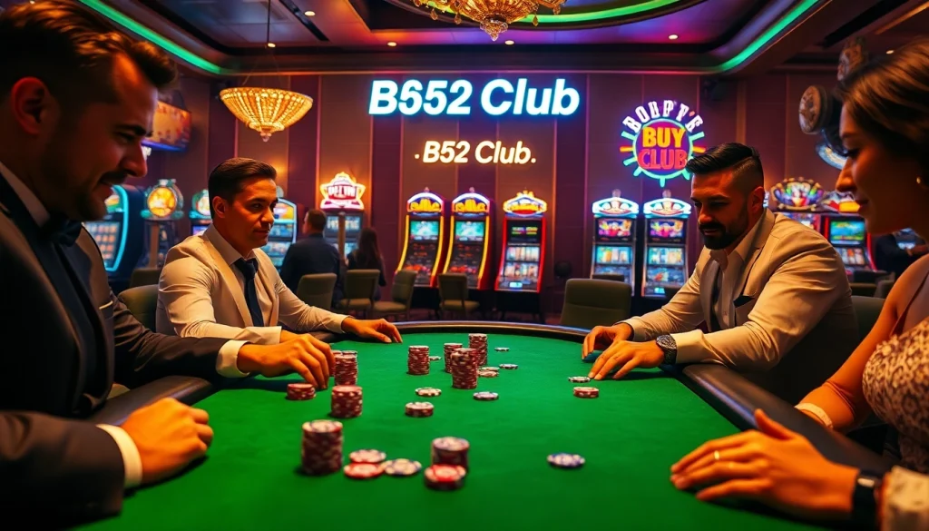 Players at B52Club enjoy a thrilling poker game with chips and cards on the table.