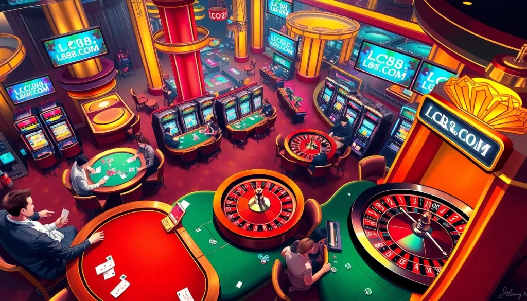 Experience the exhilarating atmosphere of LC88.COM with players engaged in lively casino activities at poker and roulette tables.